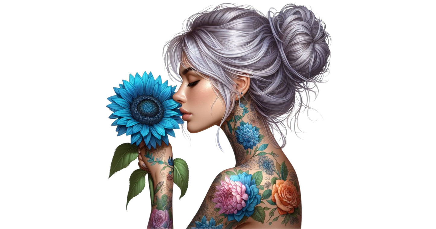 UV-Sticker Tattoogirl blaue Sonnenblume