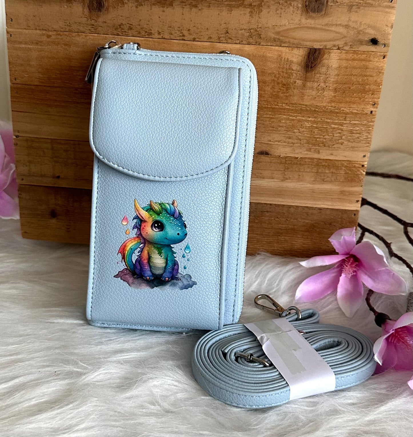 Handy-Bag hellblau mit Drache bunt