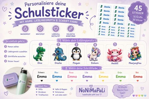 Personalisierte Schulsticker mit Namen – 45 wasserfeste Namenssticker