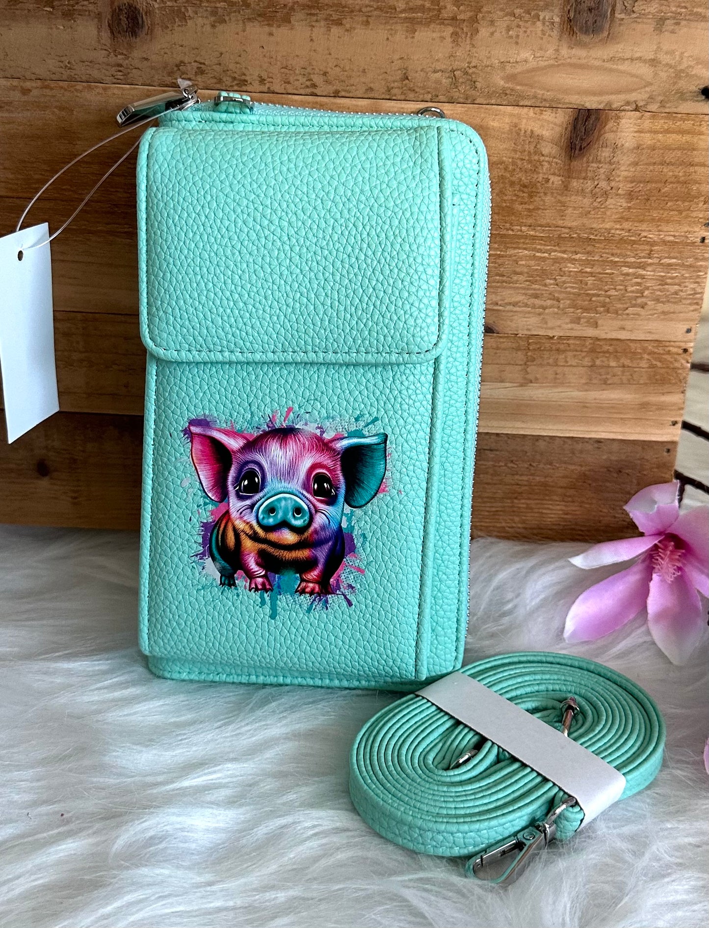 Handy-Bag mint mit neon Schwein