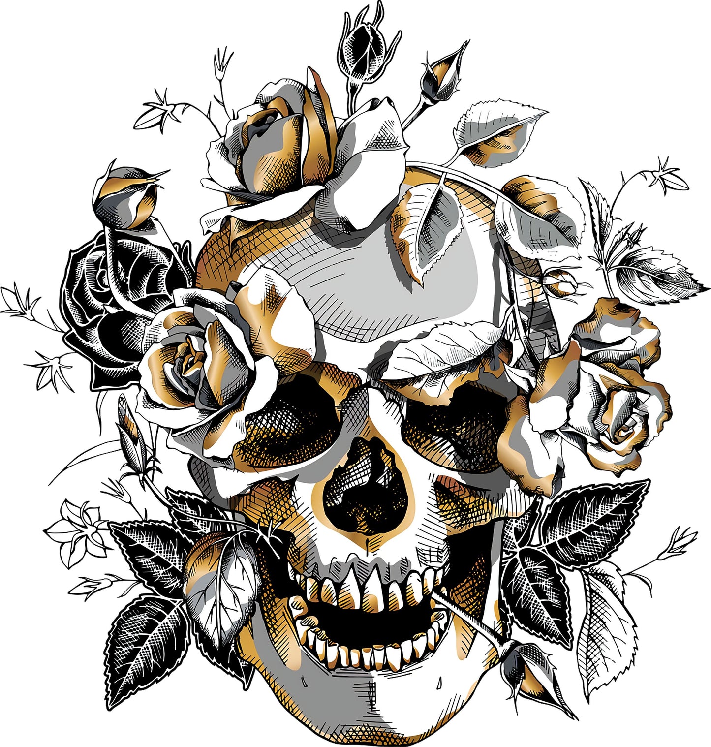 Skull gold mit Rosen | Bügelbild & UV-DTF Sticker